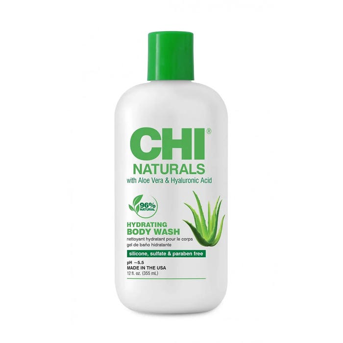 CHI Naturals Hydrating Body Wash in a 12 fl oz white bottle with a green cap and green text, featuring an aloe vera graphic on a white background.