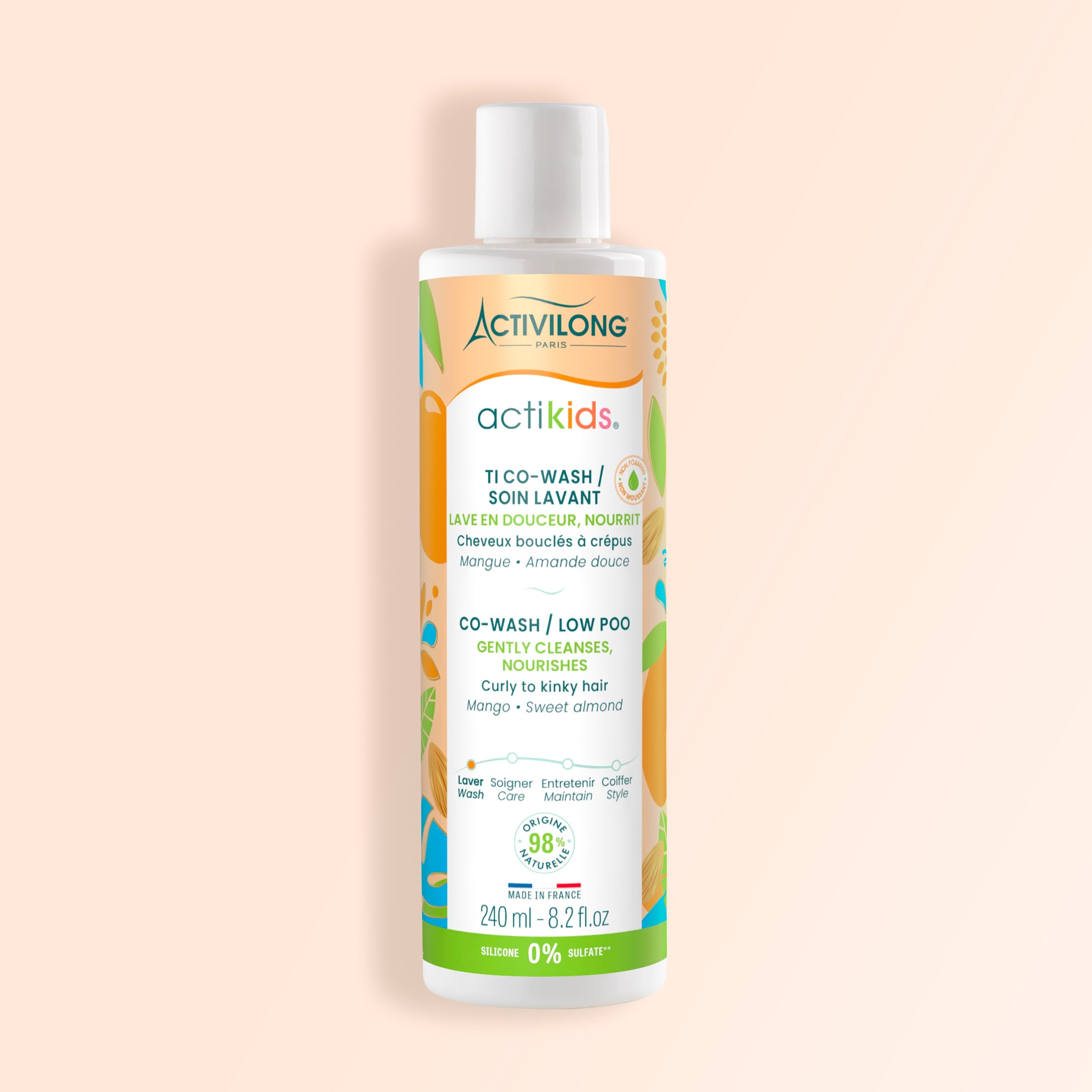 Bottle of Activilong Actikids Co-Wash by ABS France Wholesale on a beige background