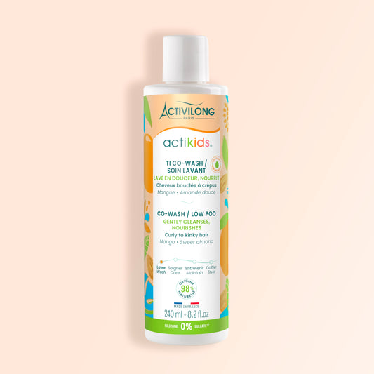 Bottle of Activilong Actikids Co-Wash by ABS France Wholesale on a beige background