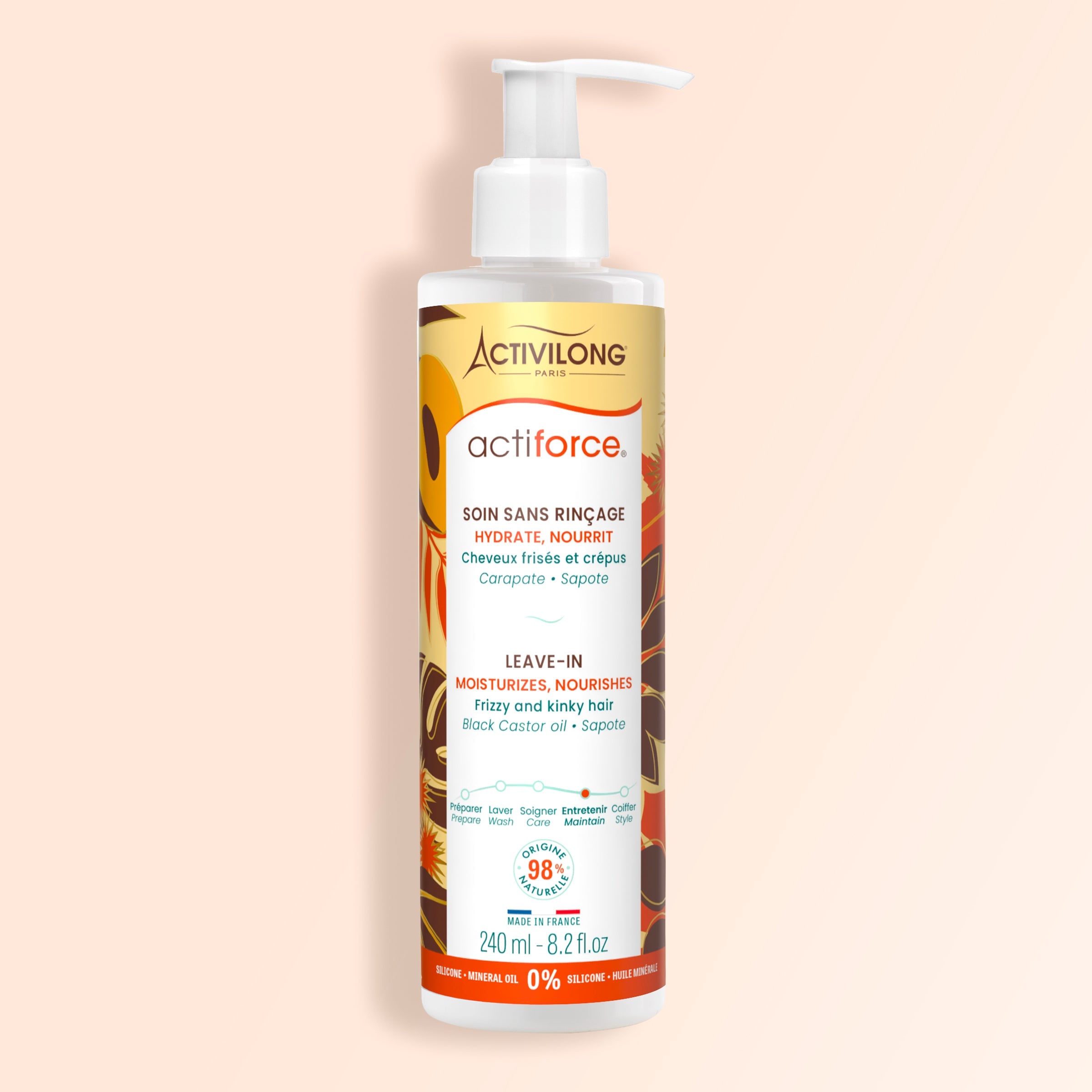 ACTIVILONG ACTIFORCE Leave-In 240ml conditioner bottle by ABS France Wholesale on a beige background