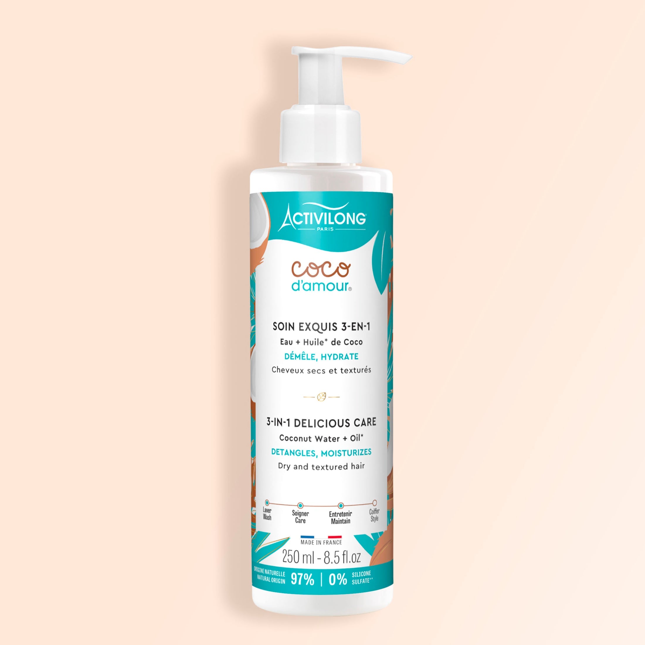 Bottle of ACTIVILONG COCO D’AMOUR Masque Soin Exquis 3-en-1 250ml by ABS France Wholesale on a beige background