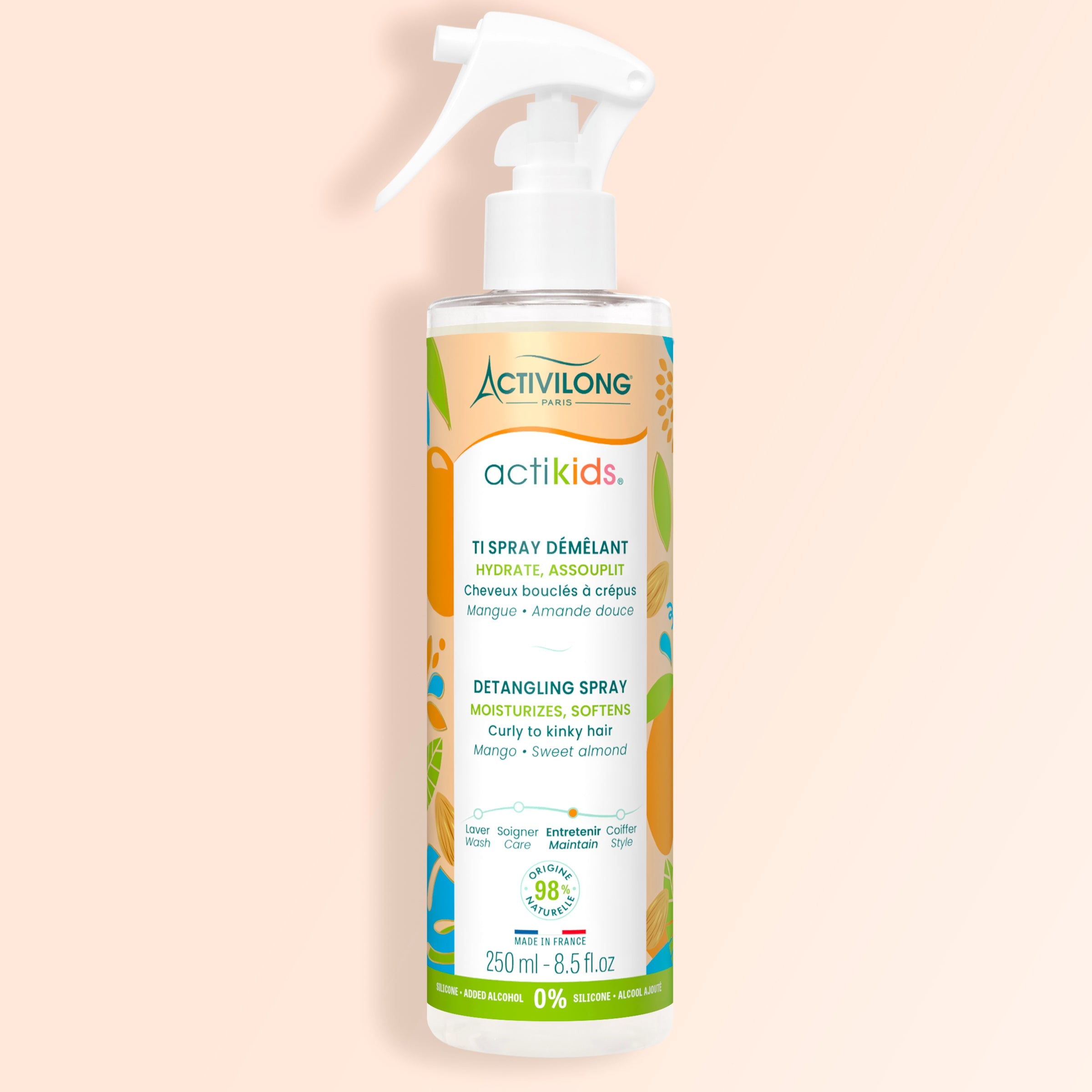 Activilong actikids detangling spray bottle by ABS France Wholesale on a beige background