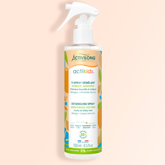 Activilong actikids detangling spray bottle by ABS France Wholesale on a beige background