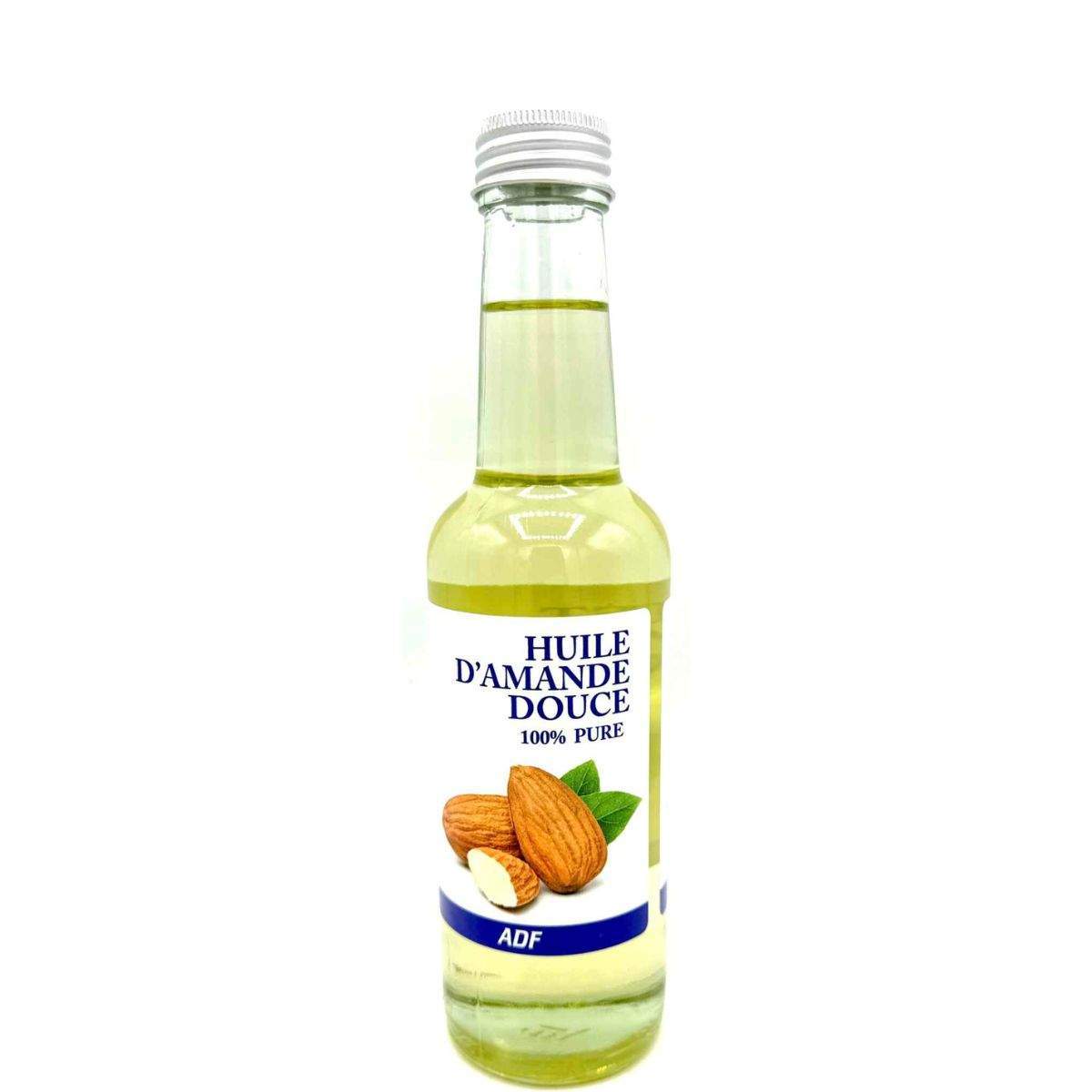 Bottle of ADF almond oil with a label on a white background by ABS France Wholesale