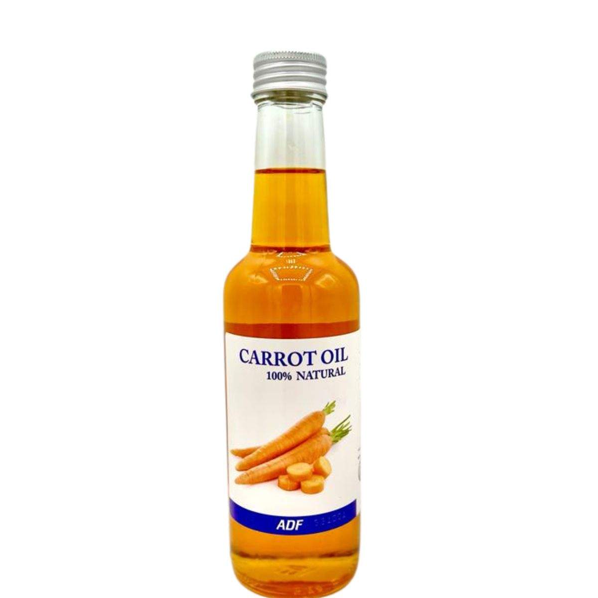 Bottle of ADF carrot oil with a white label on a white background by ABS France Wholesale