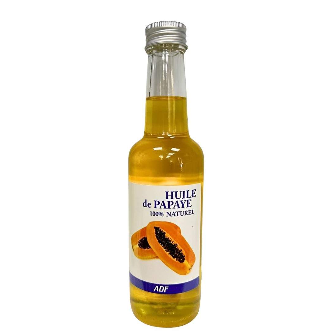 Bottle of ADF Huile de Papaye with a papaya illustration on a white background by ABS France Wholesale