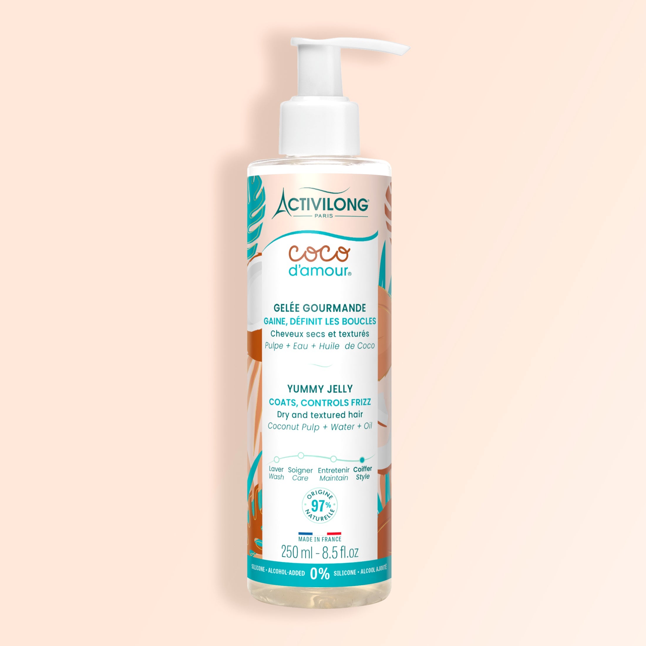 Bottle of ACTIVILONG COCO D’AMOUR Gelée Gourmande 250ml by ABS France Wholesale on a beige background