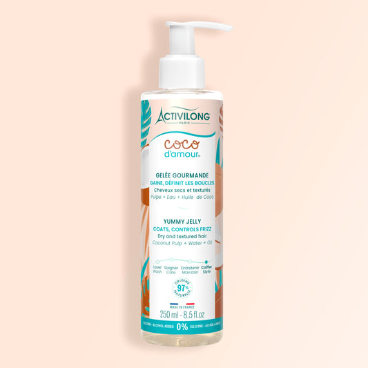 Bottle of ACTIVILONG COCO D’AMOUR Gelée Gourmande 250ml by ABS France Wholesale on a beige background