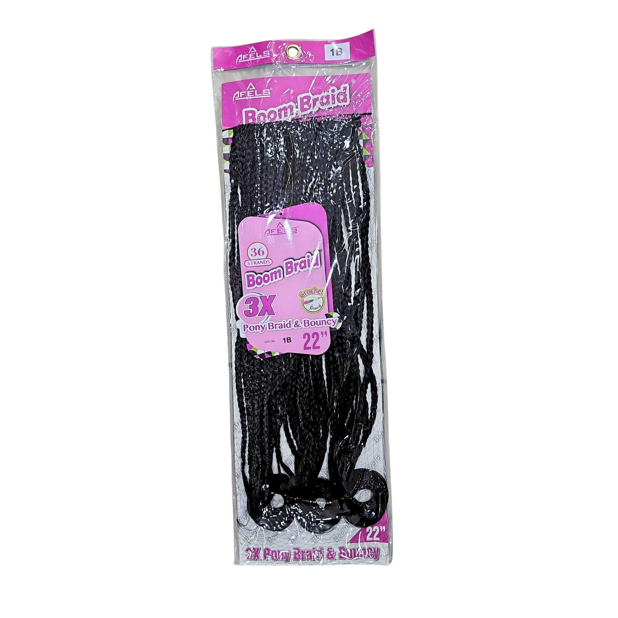 Packaged black foam braids in a clear plastic bag with pink and white branding, labeled 3X Foam Braid 22.
