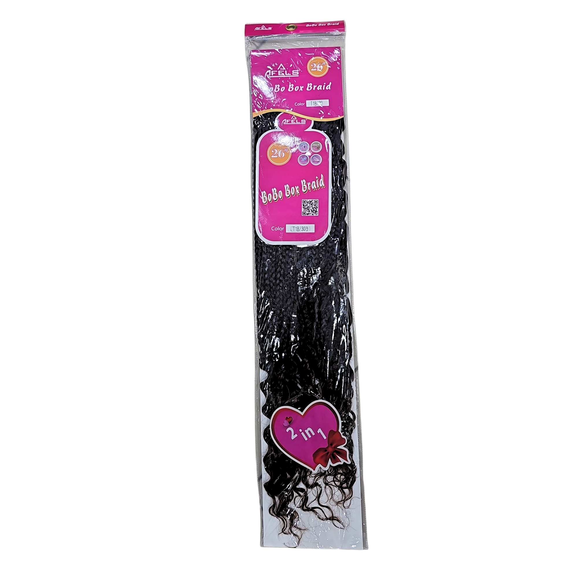 A package of black 2-in-1 babo box braids in a clear plastic bag with a pink and white header label, shown against a plain white background.