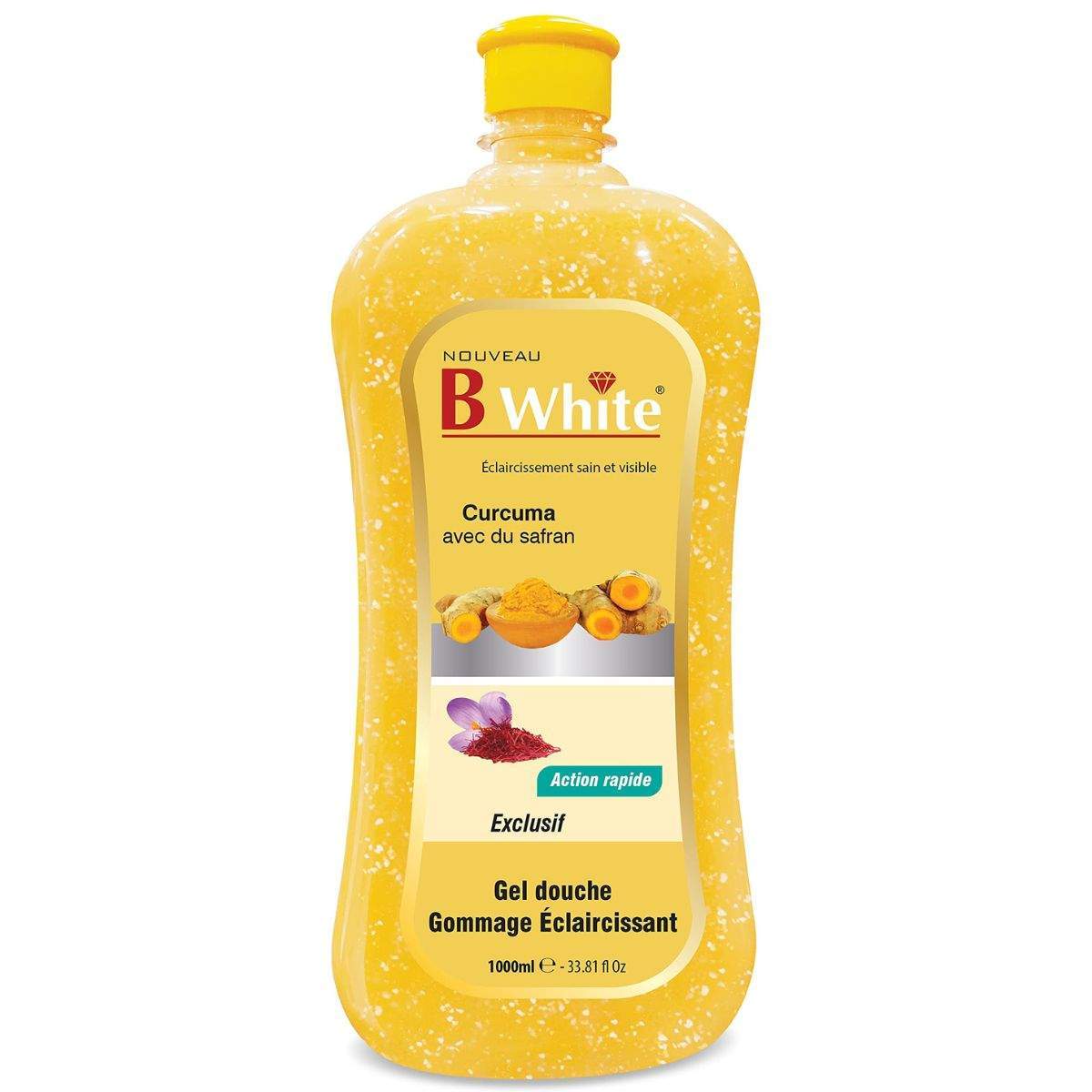 Yellow bottle of B White shower gel with turmeric and saffron on a white background by ABS France Wholesale