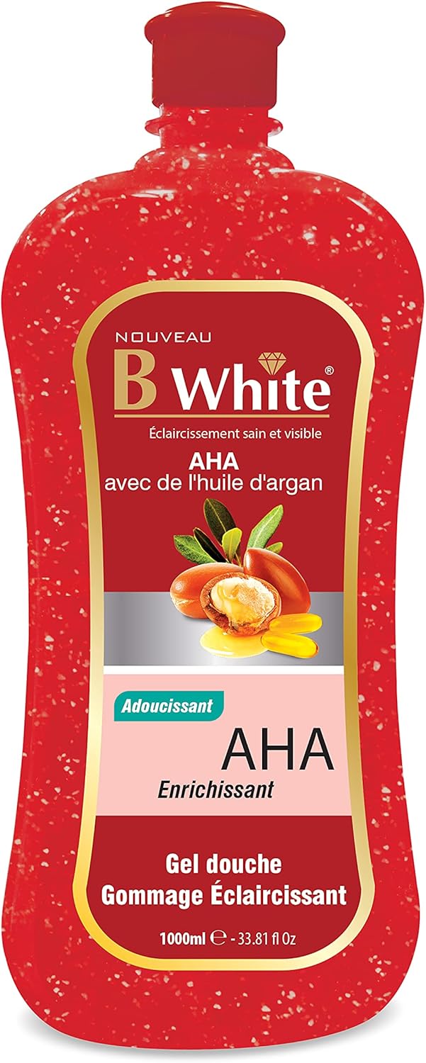 Red bottle of B'White shower gel with AHA and argan oil on a white background by ABS France Wholesale
