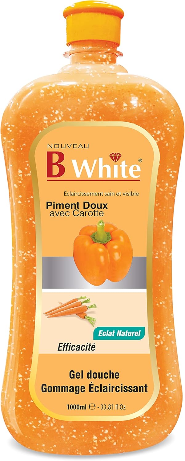 B White shower gel bottle with orange label and yellow cap on a white background by ABS France Wholesale