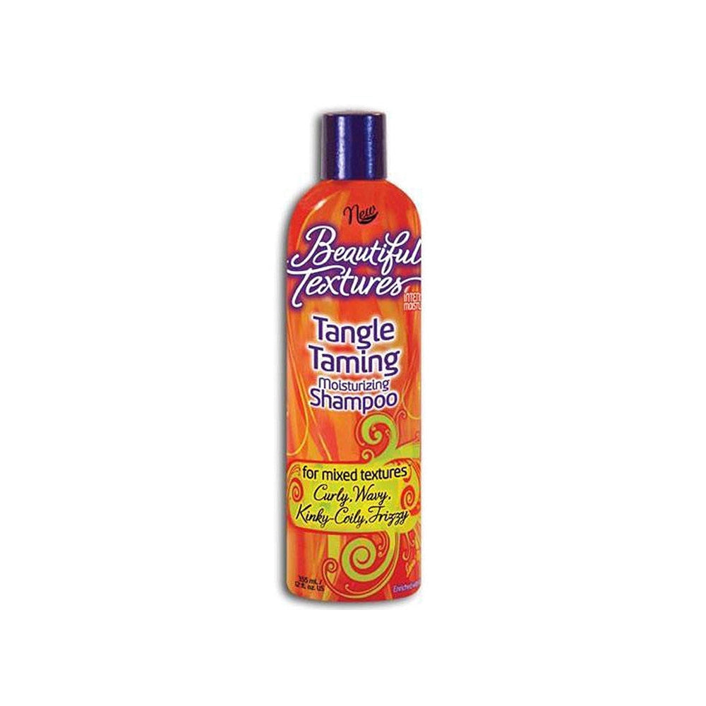 A bottle of Beautiful Textures Tangle Taming Shampoo with a purple cap and an orange and yellow label, shown against a plain white background.