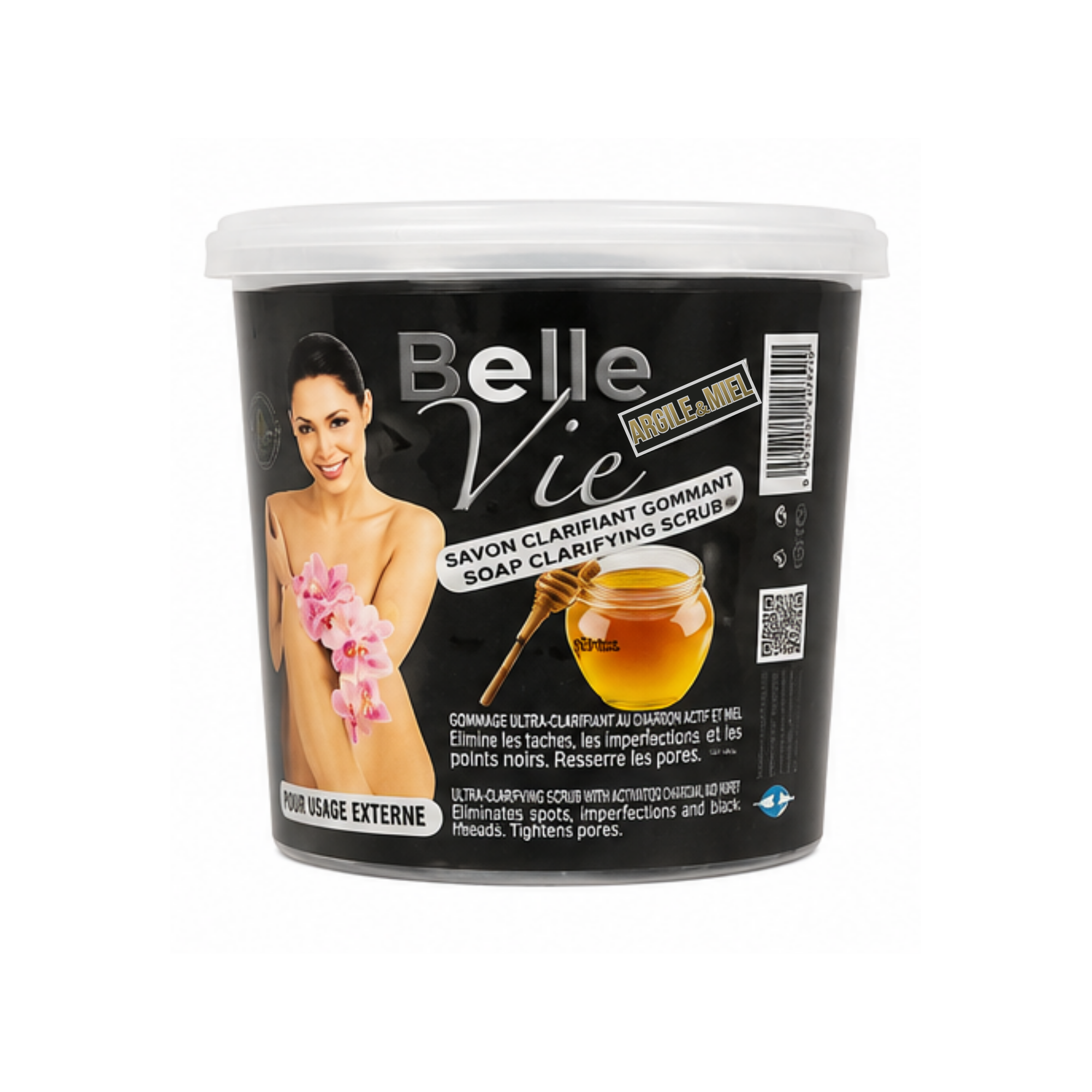 A jar of Belle Vie Honey & Orange Clarifying Soap on a plain white background. The black label features a photo of a woman holding pink flowers and a honey pot, with the product name 'Belle Vie' in large white and silver lettering  by ABS France Wholesale.
