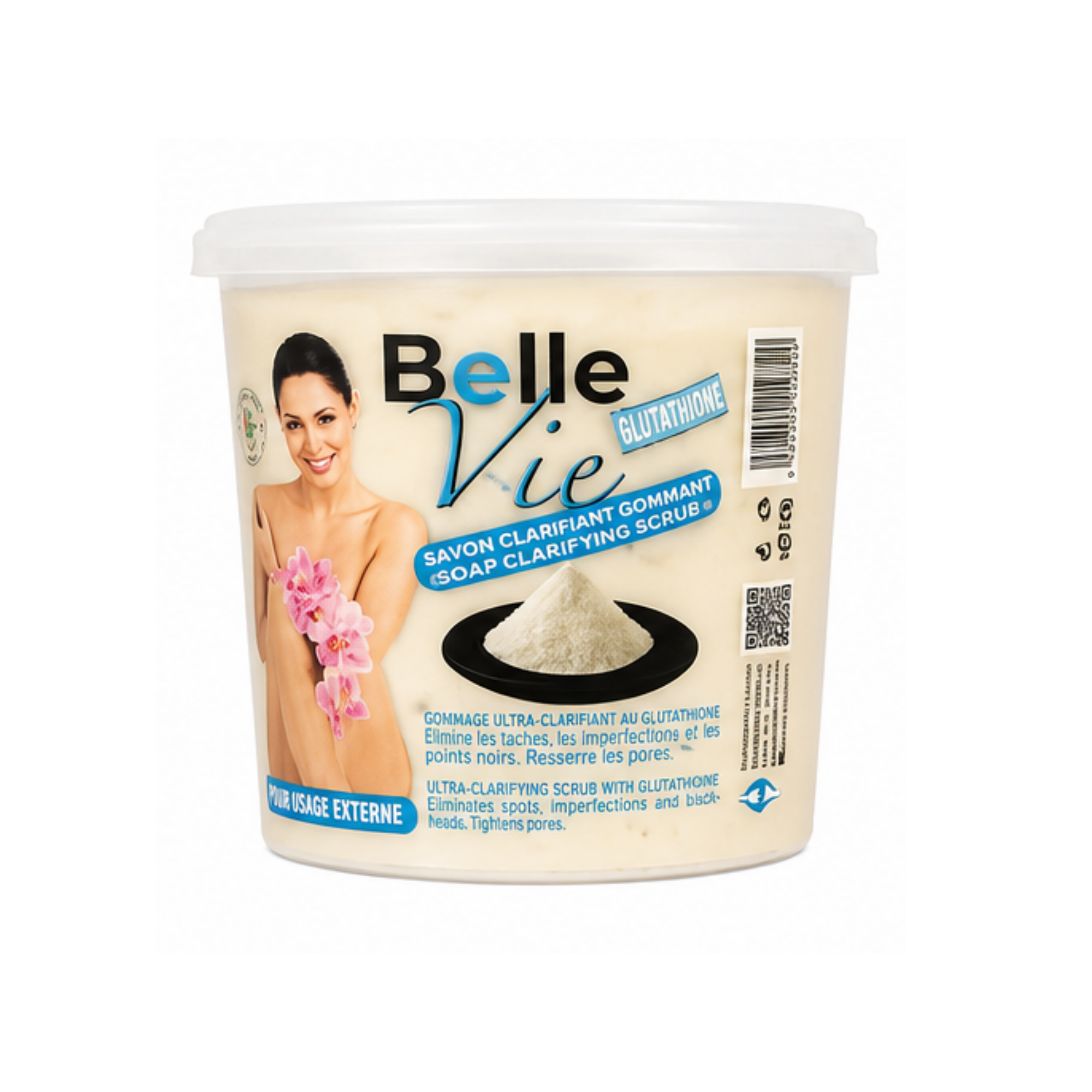 A jar of Belle Vie Glutathione Soap Clarifying Scrub on a plain white background. The packaging features a beige background with a photo of a smiling woman holding pink flowers, a black bowl graphic containing white powder, and blue accents by ABS France Wholesale.