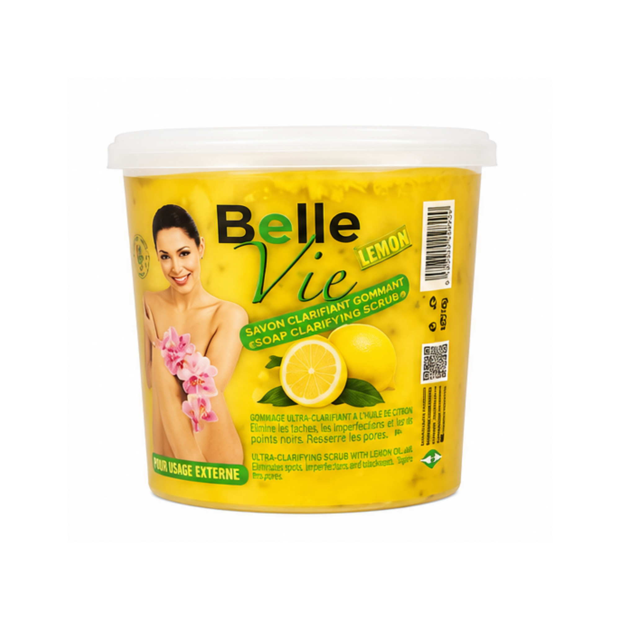 A jar of Belle Vie Lemon Exfoliating Soap with a white lid and a yellow label featuring a lemon graphic and a model holding pink flowers by ABS France Wholesale