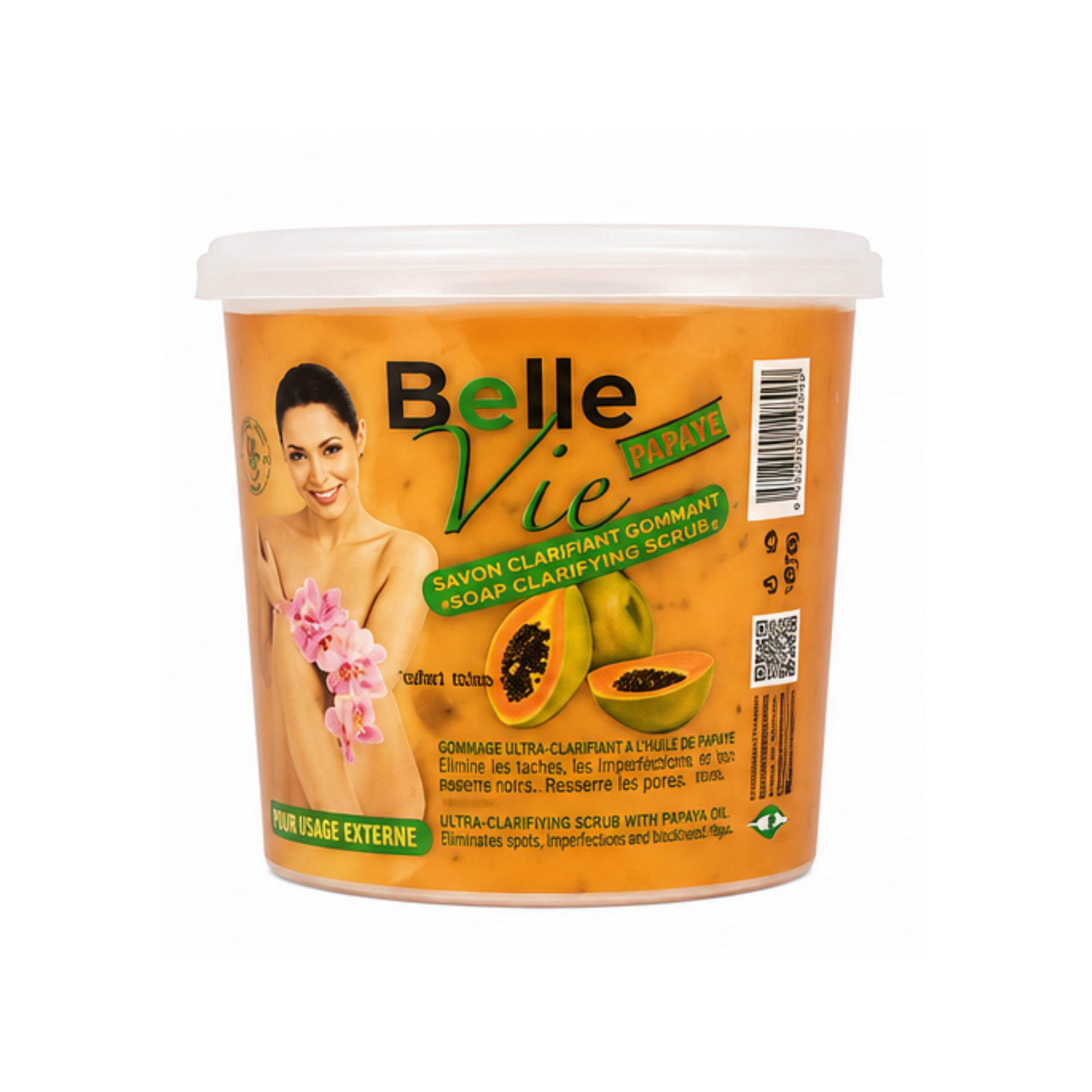 A jar of Belle Vie Papaya exfoliating and clarifying body wash, featuring a bright orange label with a picture of a woman, papayas, and orchids, on a white background by ABS France Wholesale