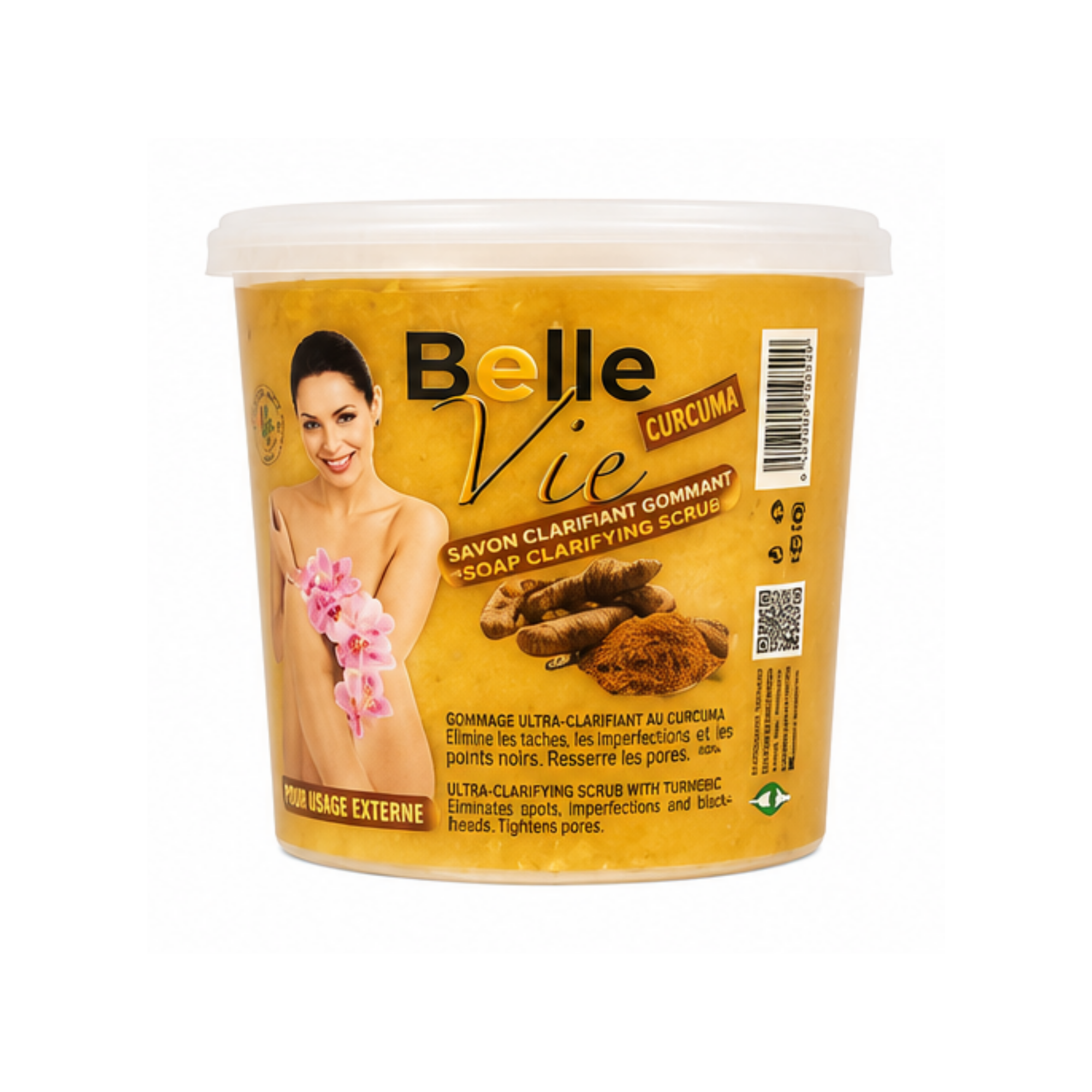 A jar of Belle Vie Curcuma Soap Clarifying Scrub, featuring a golden-yellow label with a photo of a woman holding pink flowers, turmeric root illustrations, and a white plastic lid, set against a plain white background by ABS France Wholesale.