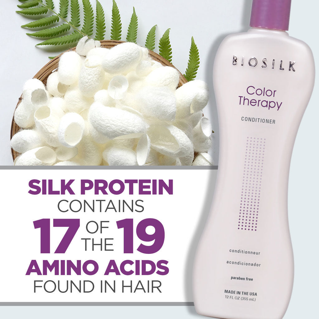 Biosilk Color Therapy Conditioner bottle with text about silk protein and amino acids on a light background.