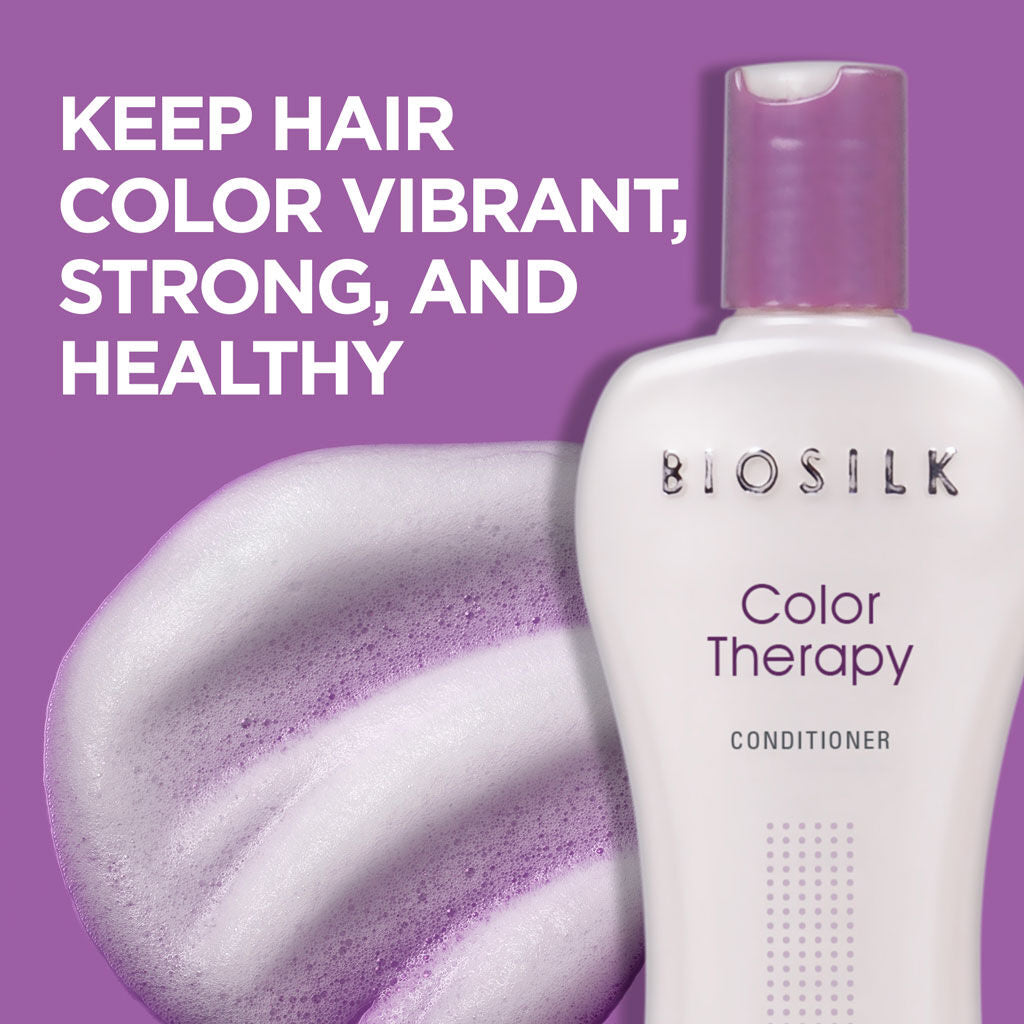 Biosilk Color Therapy Conditioner bottle on a purple background with a purple-lilac hair foam swirl and white promotional text reading 'KEEP HAIR COLOR VIBRANT, STRONG, AND HEALTHY'.