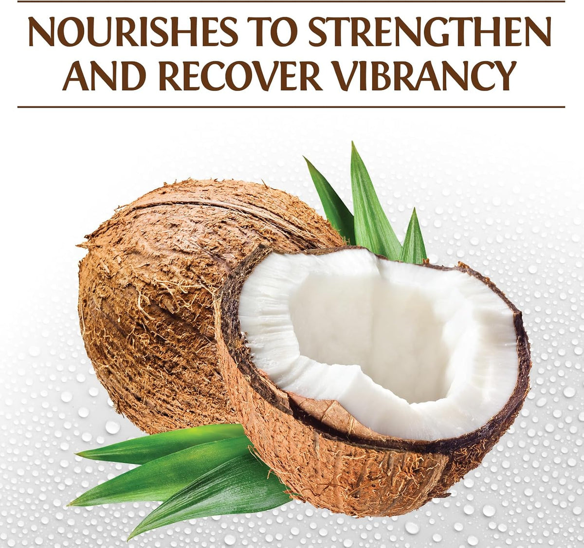 A graphic featuring a whole and halved coconut with green leaves on a white water-droplet background, with the text 'NOURISHES TO STRENGTHEN AND RECOVER VIBRANCY' at the top.