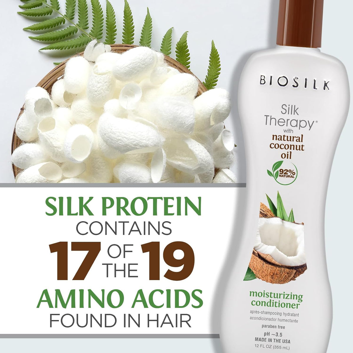BIOSILK Silk Therapy moisturizing conditioner bottle with text about silk protein and amino acids on a light background.