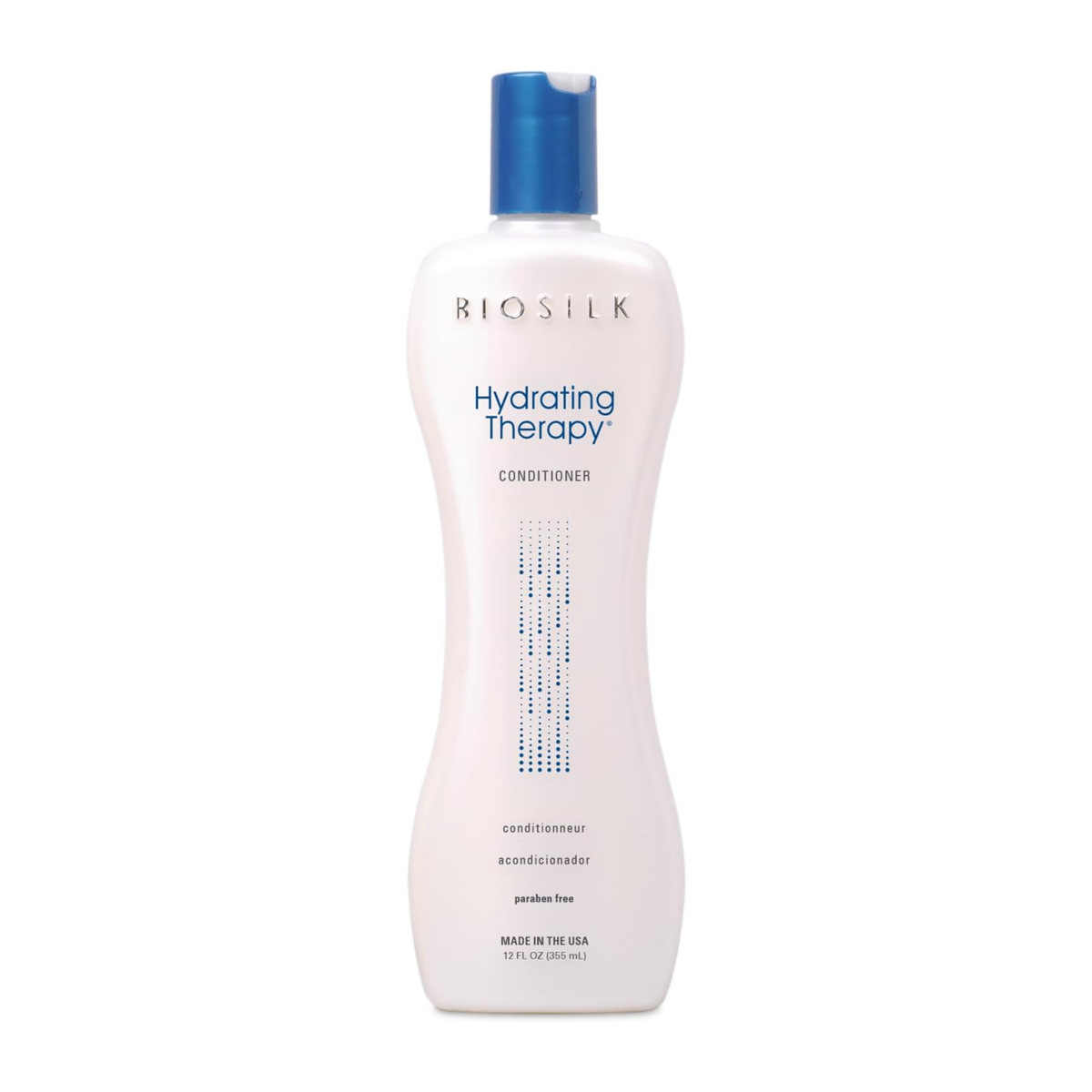 A bottle of BioSilk Hydrating Therapy Conditioner, featuring a white bottle with a blue cap and blue text, set against a plain white background.