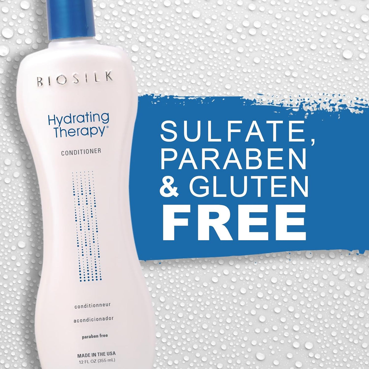 BioSilk Hydrating Therapy conditioner bottle with sulfate, paraben, and gluten free label on a textured background