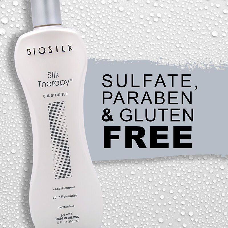 Biosilk Silk Therapy conditioner bottle with text highlighting sulfate, paraben, and gluten-free ingredients on a textured background.