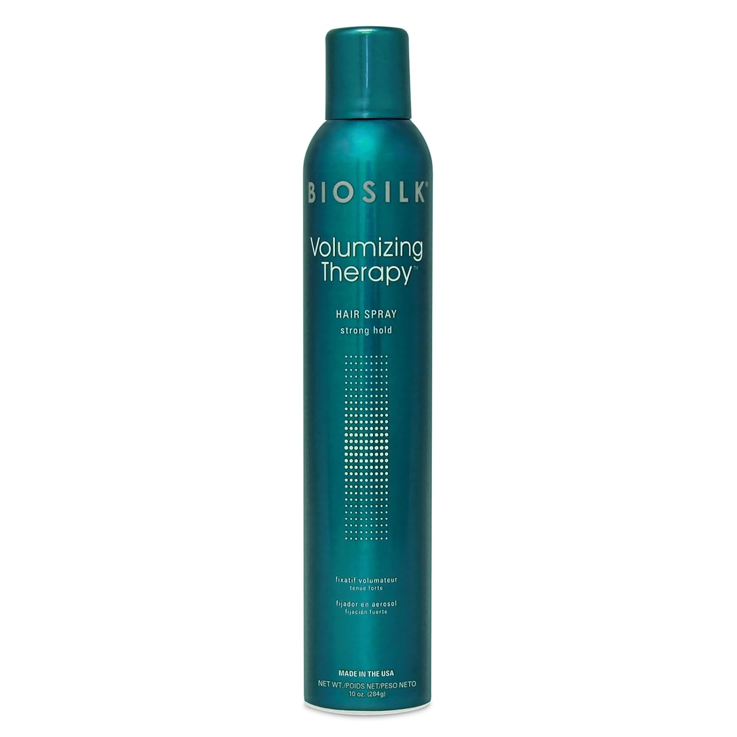 A teal aerosol can of BIOSILK Volumizing Therapy Hair Spray on a plain white background.