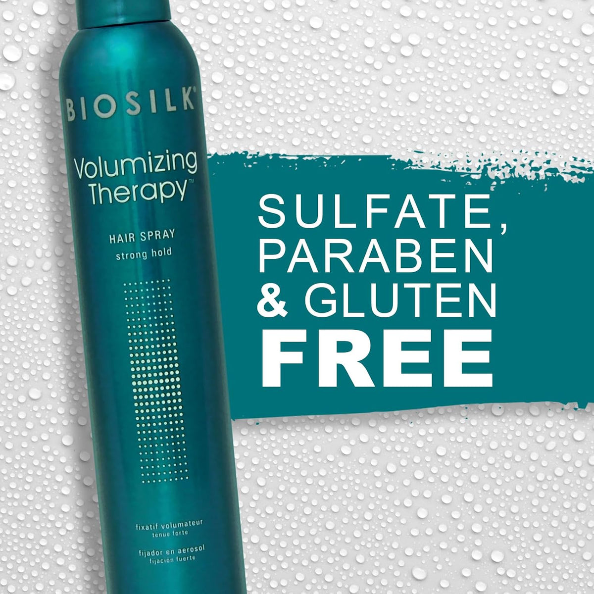 BioSilk Volumizing Therapy hair spray bottle with 'Sulfate, Paraben & Gluten Free' text on a textured background