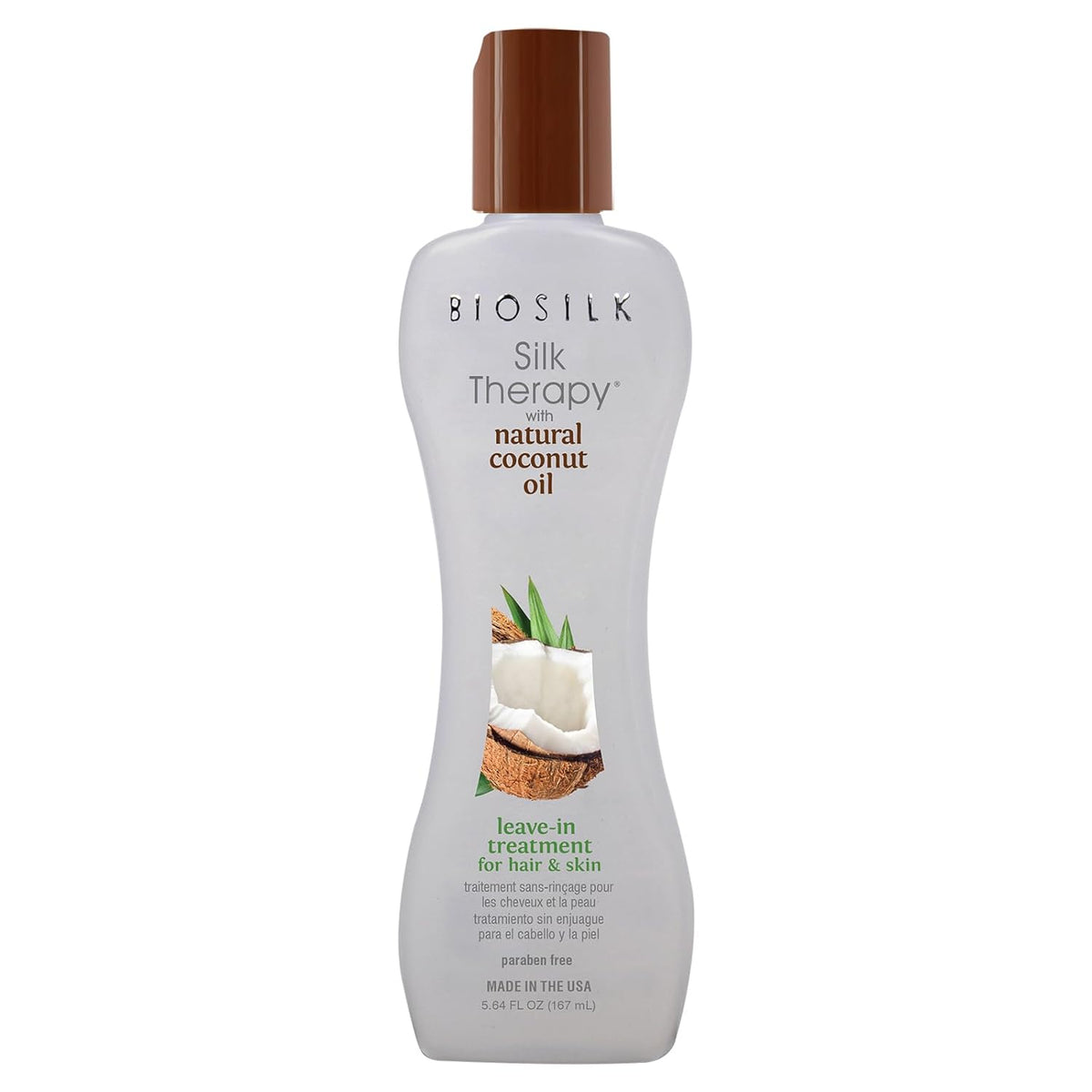 Biosilk Silk Therapy leave-in treatment bottle with coconut oil illustration on a white background