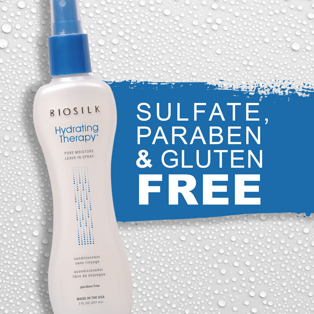 BioSilk Hydrating Therapy bottle with sulfate, paraben, and gluten free text on a textured background