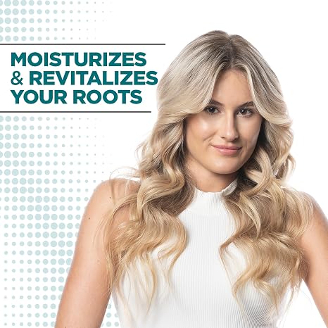 Woman with blonde hair against a light background with text about moisturizing and revitalizing roots.