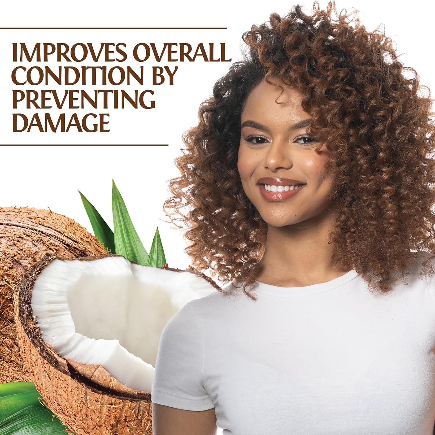 Woman with curly hair next to a coconut and leaves, with text about hair condition improvement.