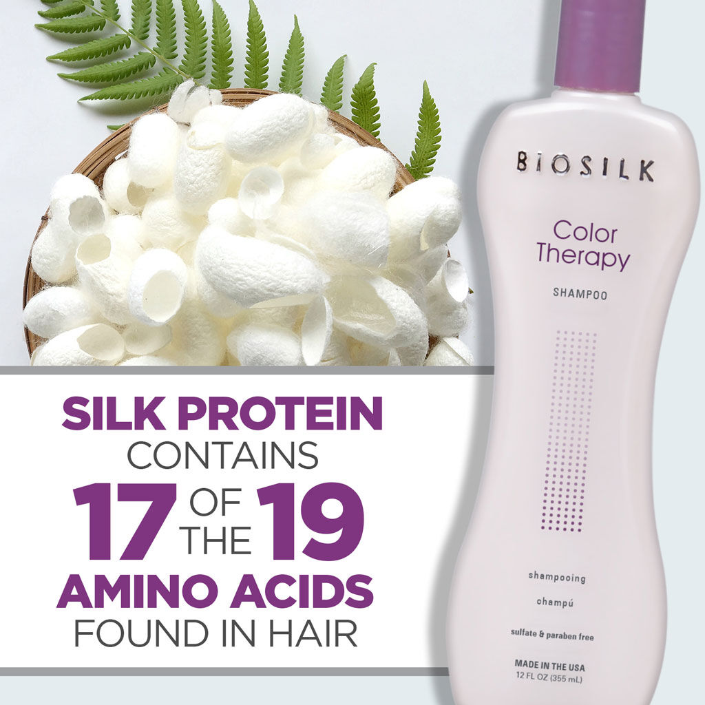 BioSilk Color Therapy shampoo bottle with text about silk protein and amino acids on a light background.
