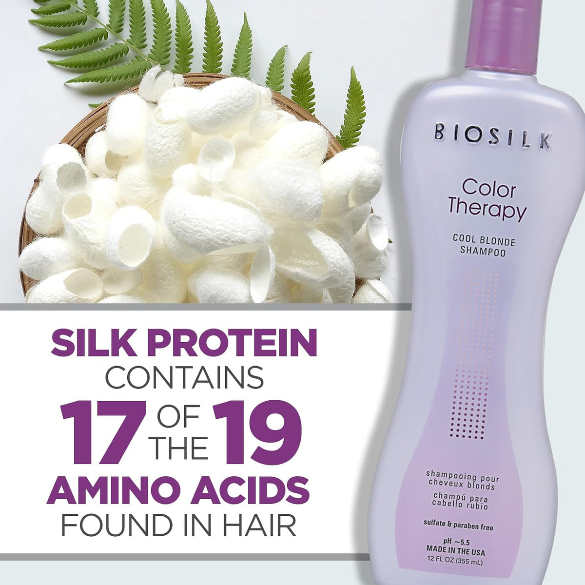 BioSilk Color Therapy shampoo bottle with text about silk protein and amino acids on a white background.