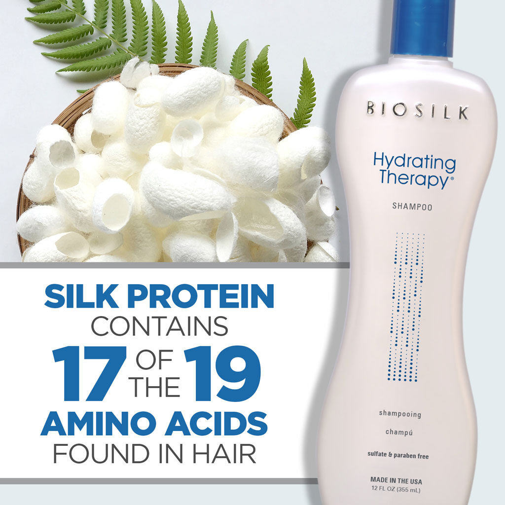 Biosilk Hydrating Therapy Shampoo bottle with silk protein text and ferns in the background