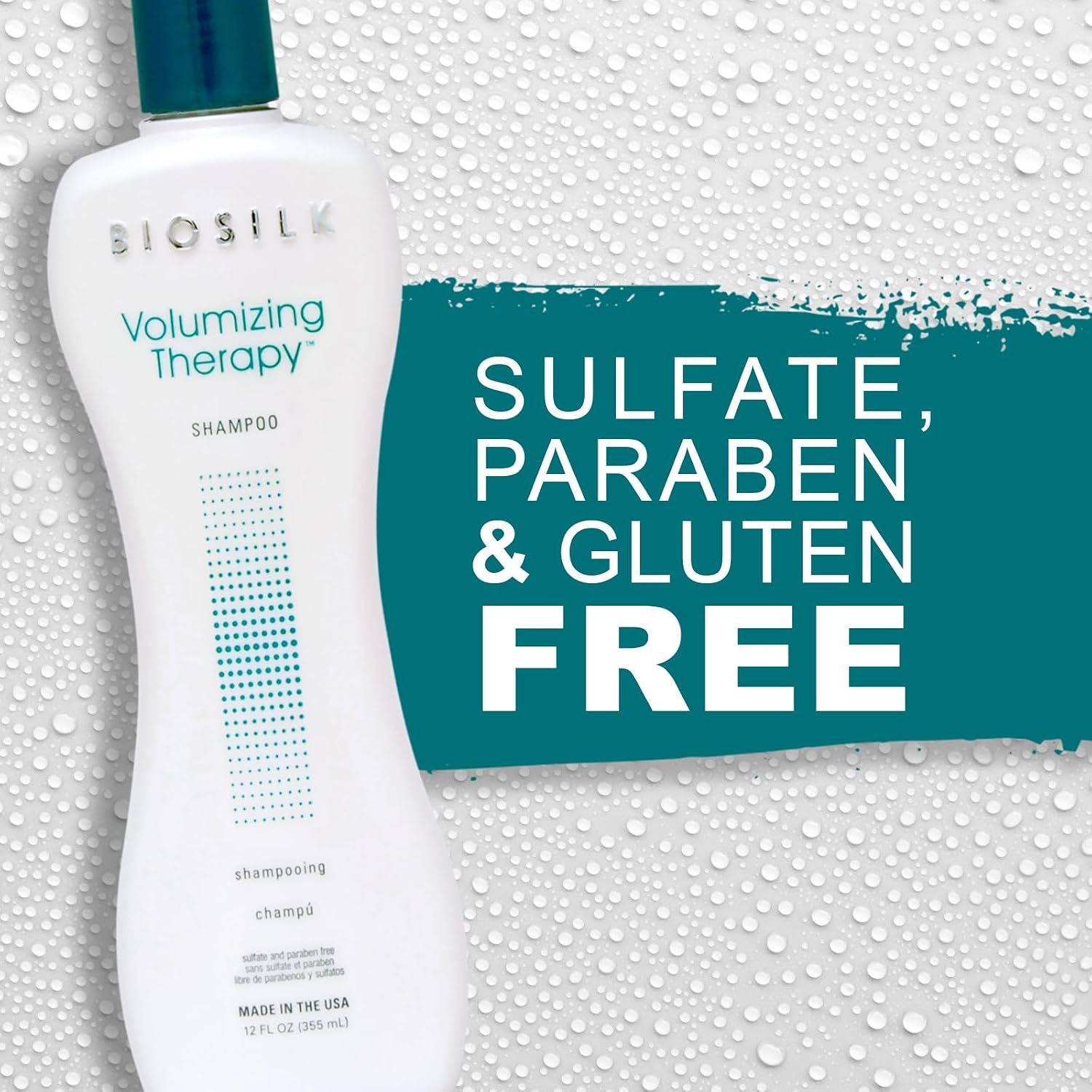BioSilk shampoo bottle with a label indicating sulfate, paraben, and gluten-free on a textured background.