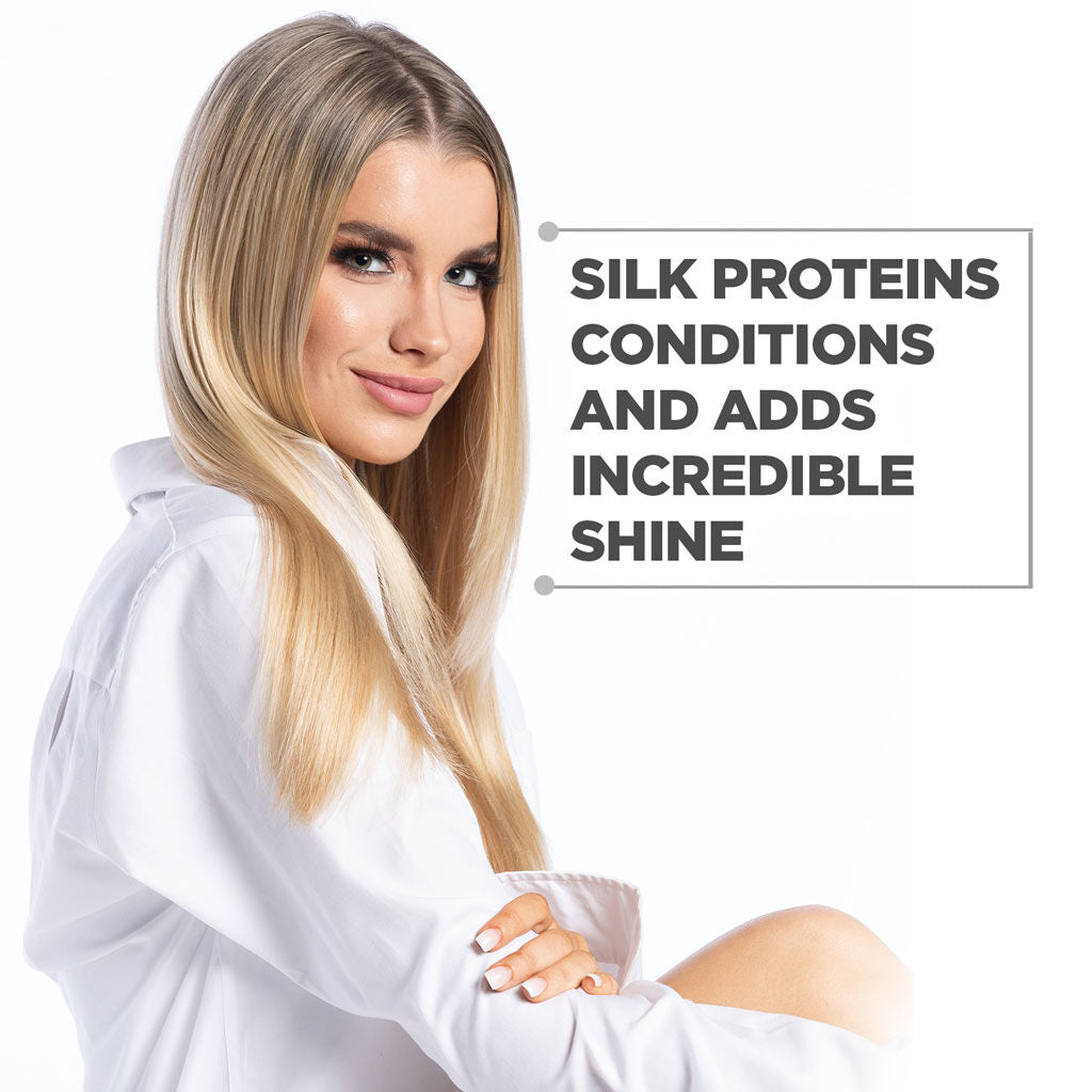 Woman with long blonde hair wearing a white shirt, with text about silk proteins.