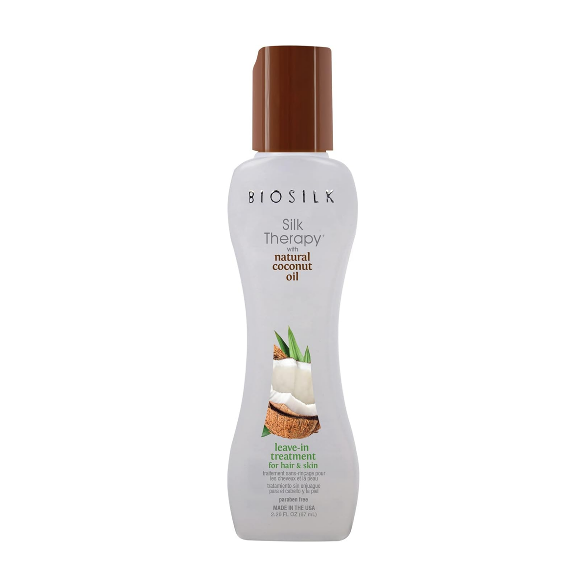 Biosilk Silk Therapy natural coconut oil leave-in treatment in a white bottle with a brown cap, shown on a plain white background.