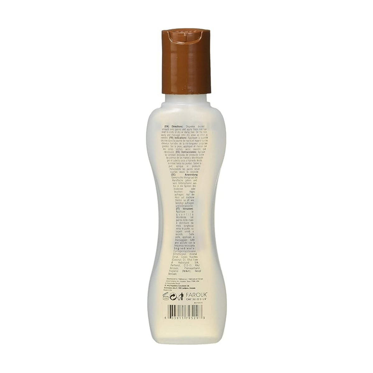 A bottle of BioSilk Therapy Organic Coconut Oil shown from the back, featuring a translucent white bottle and a brown flip-top cap, on a plain white background.