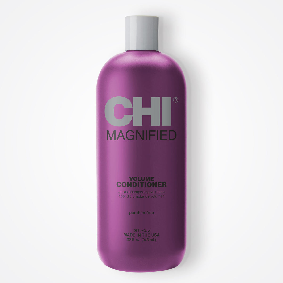 A 32 fl oz bottle of CHI Magnified Volume Conditioner, featuring a metallic purple body and a light gray cap, set against a clean white background.