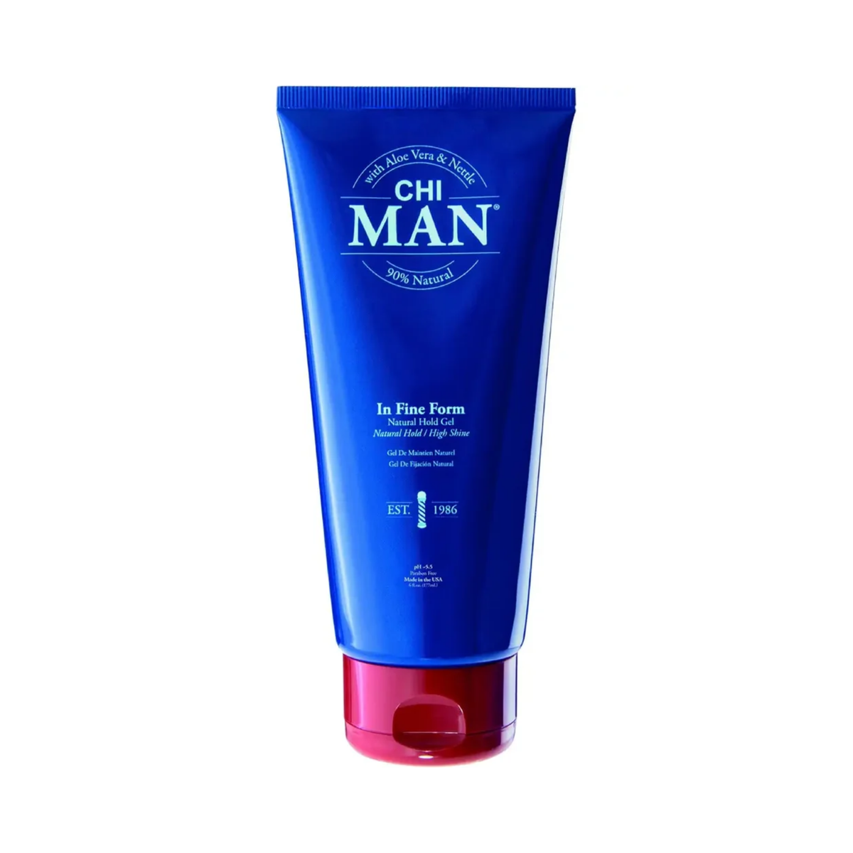 CHI MAN In Fine Form Natural Hair High Shine Gel in a blue squeeze tube with a red cap, shown on a plain white background.
