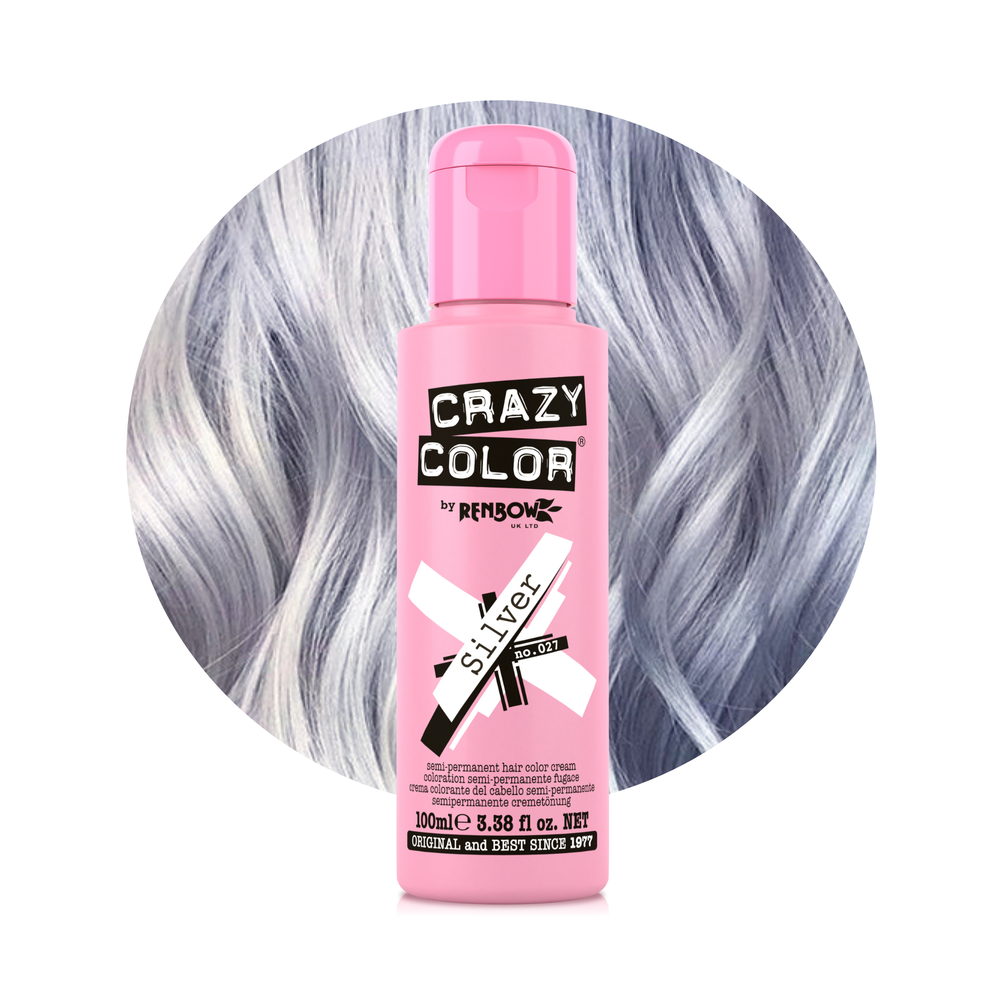Pink bottle of Crazy Color Argent (Silver) no. 27 100ml hair dye by ABS France Wholesale with silver hair background