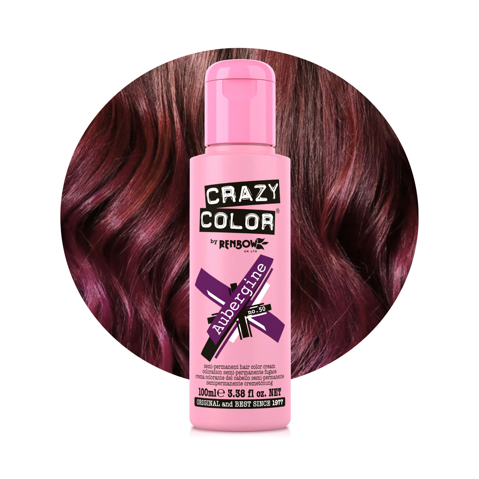 Crazy Color Aubergine no. 50 100ml hair color product with dark red hair in the background by ABS France Wholesale