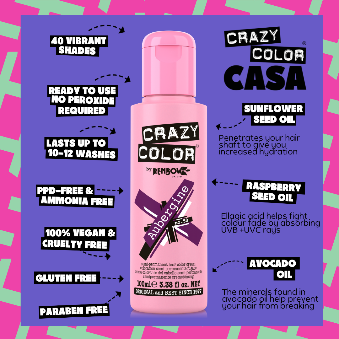 Crazy Color hair color product with features listed on a colorful background by ABS France Wholesale