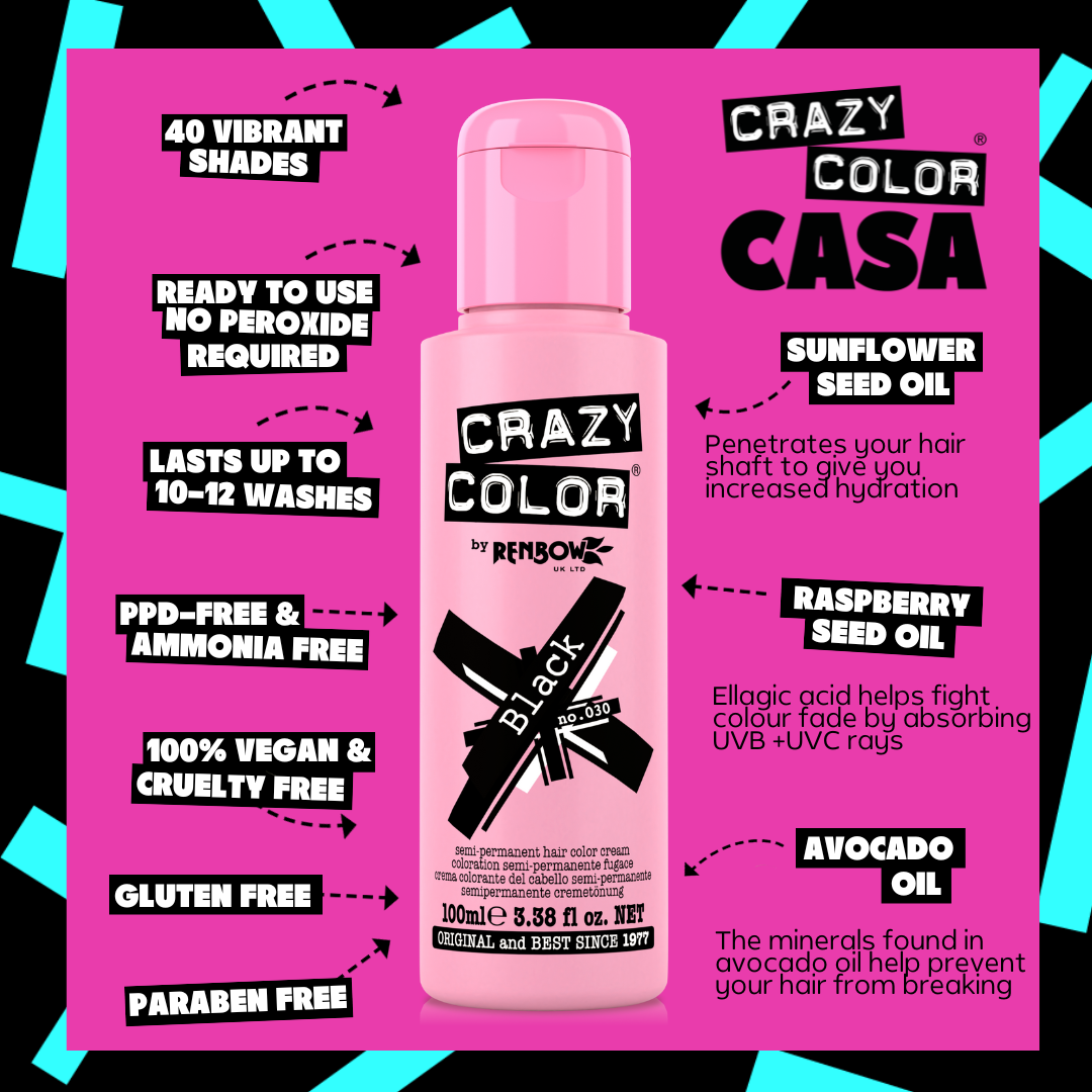 Crazy Color Black 30 hair color product with features on a pink background by ABS France Wholesale
