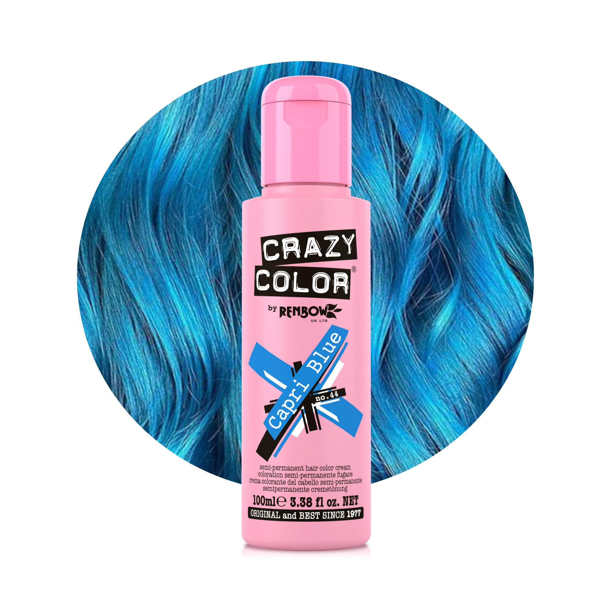Pink bottle of Crazy Color Bleu Capri no. 44 100ml hair dye by ABS France Wholesale with blue hair in the background